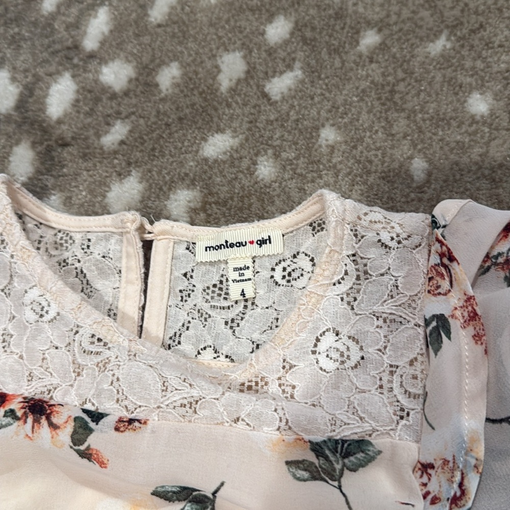 Monteau Cream and Pink Floral Kids Dress. Size 4 - Picture 4 of 6